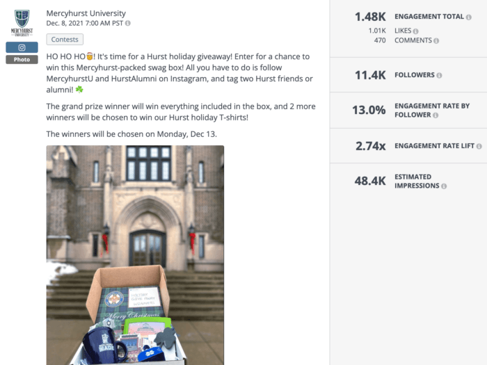 Mercyhurst swag box in front of a popular campus landmark