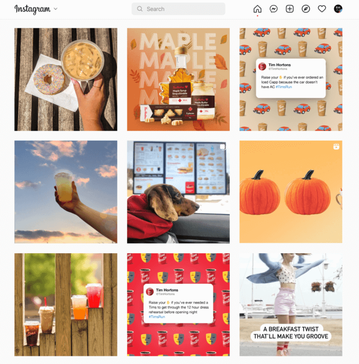 Colorful Instagram Feed featuring a combination of Tim Horton specialty snapshots 