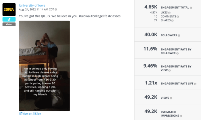 Another one of the top TikTok metrics to track and measure is videos with mentions, as demonstrated by this TikTok video from the University of Iowa.