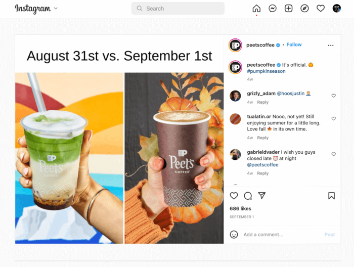 A side-by-side snapshot of a matcha latte and a pumpkin spiced latte with a text overall saying August 31 vs. September 1st., announcing the arrival of pumpkin season