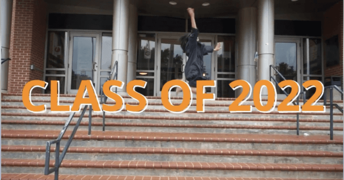 Video thumbnail with a class of 2022 graduate excitedly jumping and throwing her cap in the air