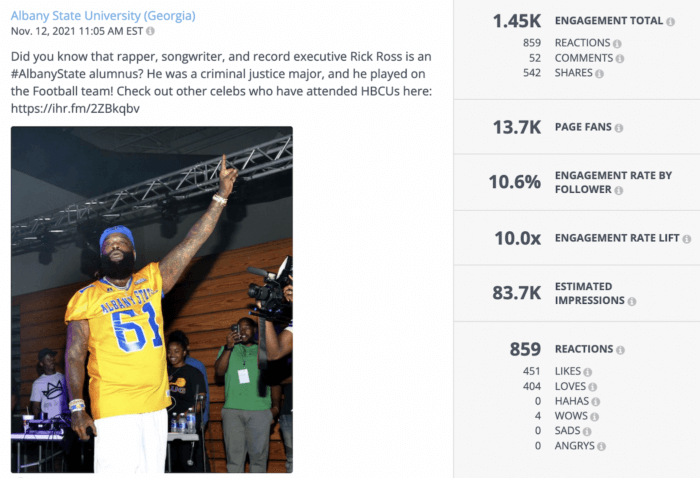 Rick Ross sporting ASU's jersey and the post caption shares his achievements and a link to other celebs who have attended HBCUs at Albany State U, a top D2 university on Facebook in 2022.