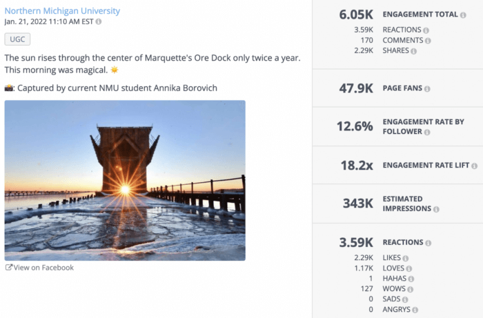 Caption in this post from NMU, top D2 university on Facebook states that the sun rises only twice a year through the center of Marquette's Ore Deck