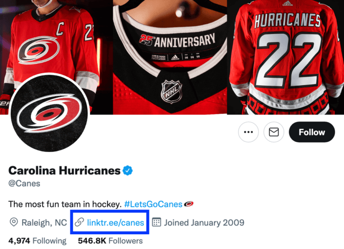 NHL team Carolina Hurricanes demonstrates how to make smart use of the Twitter bio section by using a Linktree to promote multiple links.