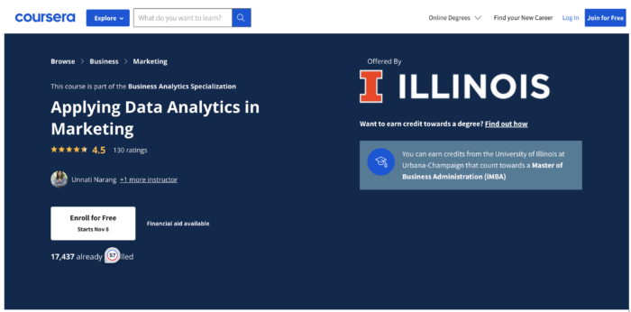 This marketing analytics course has over 17K students enrolled and a 4.5 star rating. 