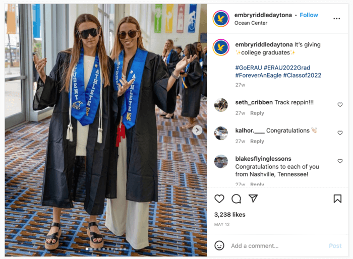 Top D2 college on Instagram, Embry-Riddle Aeronautical University graduation post with 2 grads in their gowns with sunglasses and a rapper stance