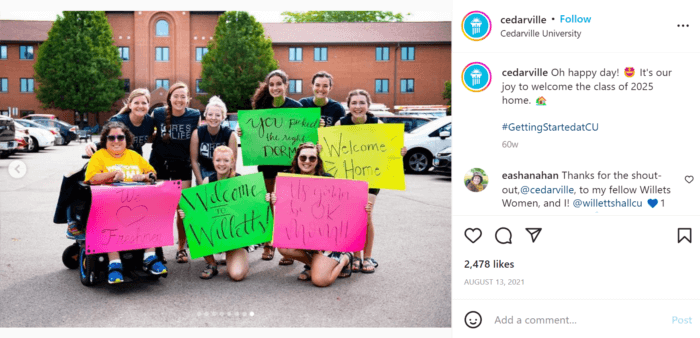 Students holding welcome posters. Hashtag used is #GettingStartedatCU in this post from this top D2 college on instagram