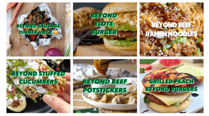 Grid view of Beyond Meat's recipe posts showcasing 6 mouthwatering Instagram photos as seen in the Rival IQ tool