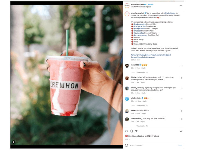 A mouthwatering shot of the famous strawberry pink Hailie Beiber smoothie in a cup along with a complete list of the ingredients in the caption