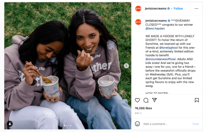 Giveaway winner announcement with a joyful picture of two girls in Lonely Ghost hoodies digging into Jeni's icecream