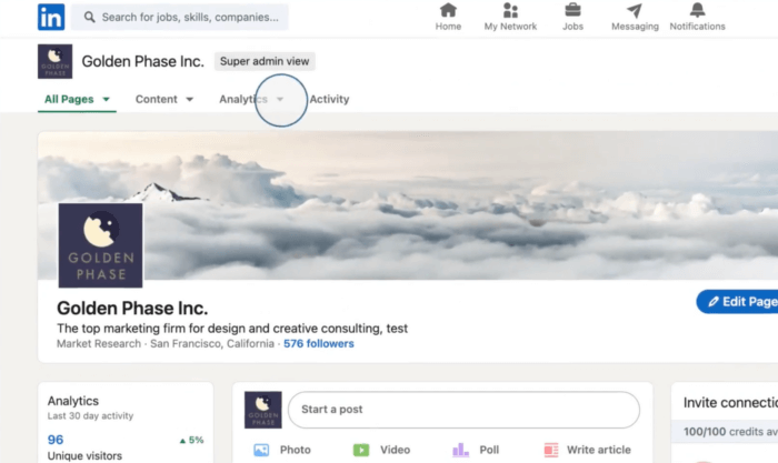 The Analytics tab, highlighted on this LinkedIn page shows you where you'll find all the important LinkedIn metrics.