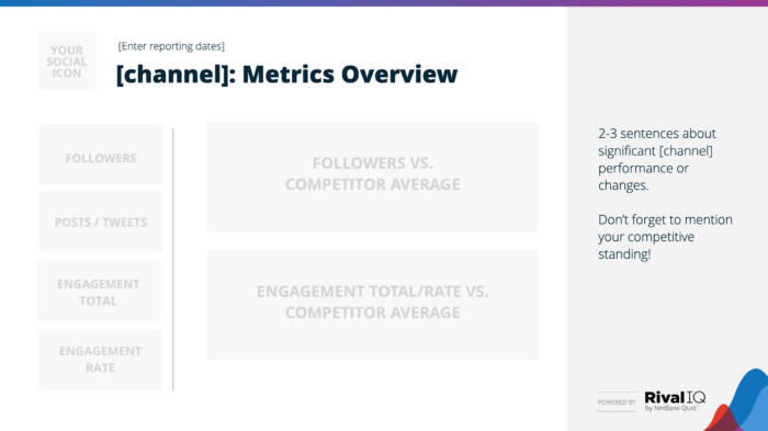 Social media reporting template metrics overview slide