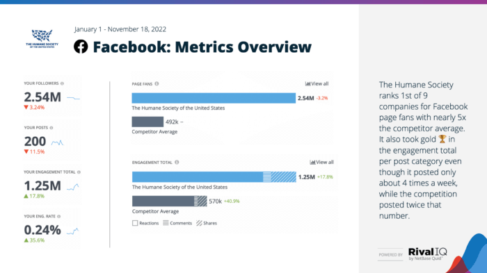 Facebook metrics overview including page fans, engagement rate and total, and more
