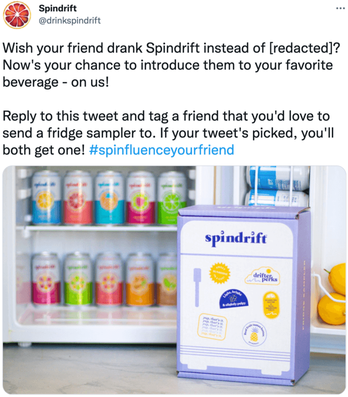 Spindrift's fridge sampler stocked with their top picks clearly explaining what the winners will get if their tweet is picked.