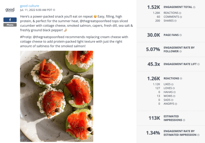 One of good culture's most engaging Facebook posts is a user-generated recipe that features a cucumber and salmon snack.