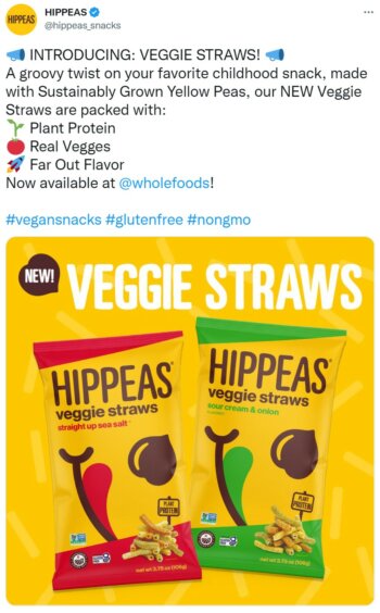 Hippeas top Twwet announcing the launch of their veggie straws with a bright yellow product shot.