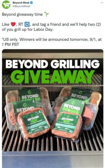 Beyond Meat's top tweet included a giveaway with a photo that shows the products up for grabs on a grill.