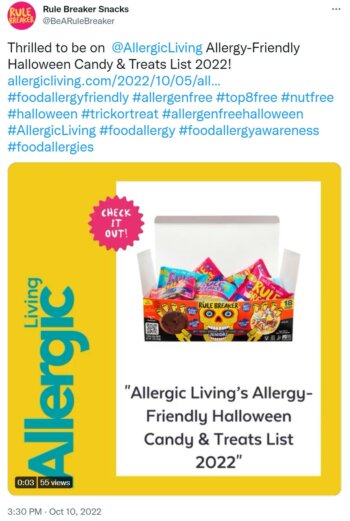 Just in time for Halloween, Rule Breaker Snacks shared a tweet showing the front cover of the publication Allergic Living on which they were featured