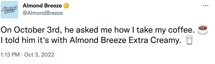 Screenshot of Health Food Brand Almond Breeze's Top Tweet