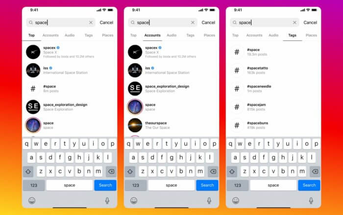 Typing “space,” in the search bar shows you top, accounts, audio, hashtags, and places that match the search. 