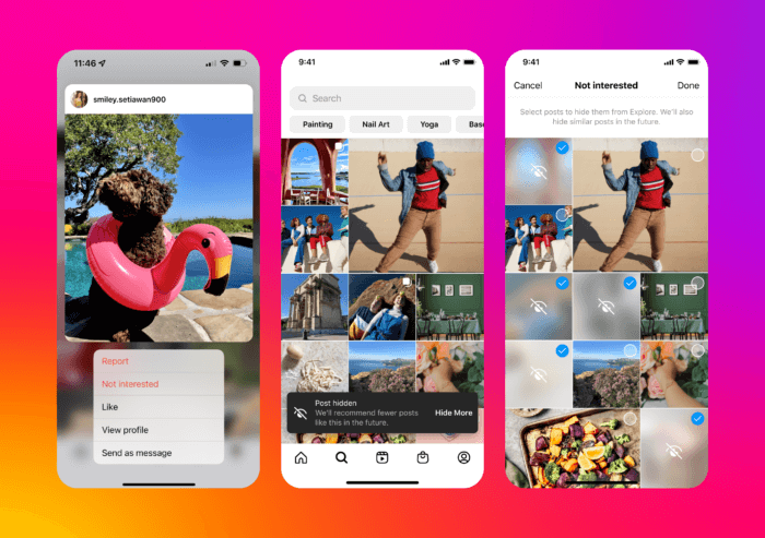 Posts on your explore page give you the options to like, view profile, send as a message, not interested, and report. 