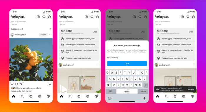 Example post shown contains an image of an orange tree. Clicking on the ellipsis and picking the "don't suggest posts with certain words" opens a pop-up where the words fruit and orchard are input. The orange tree post is then hidden