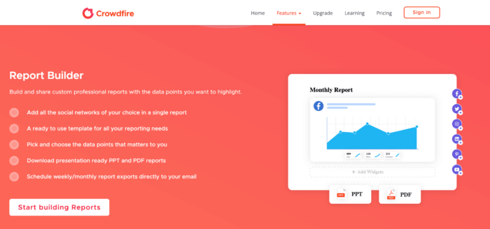 Crowdfire's social media auditing feature promotes the ease of building reports in quick, simple steps