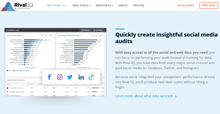 Rival IQ's social media audit tool makes it super simple to see how you stack up on Facebook, Instagram, Twitter, TikTok, and LinkedIn with a competitive context. Sign up for a free 14 day trial to access all the features.