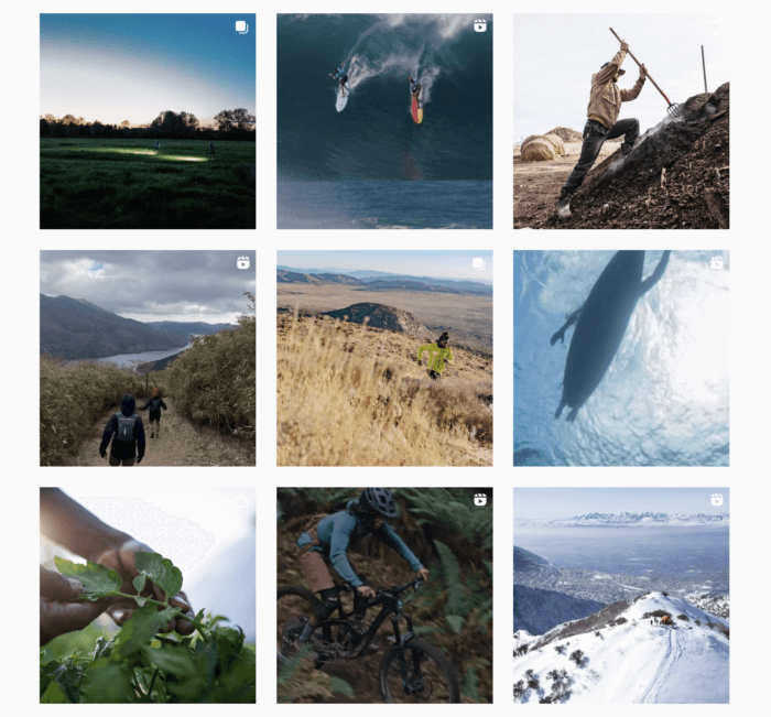 Patagonia's Instagram feed consists of a mix of eye-catching outdoor activity and nature shots.