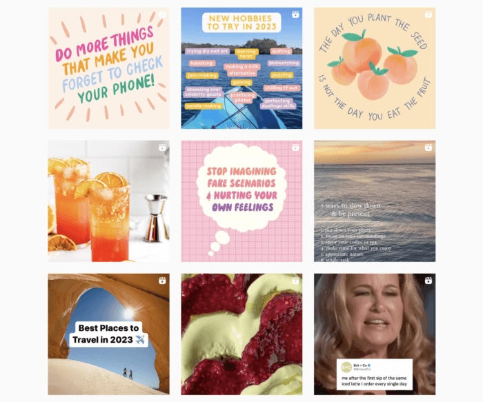 Brit and Co's Instagram feed has posts that are a mix of daily inspiration quotes, beautiful, and healthy food shots, and some funny meme style videos.