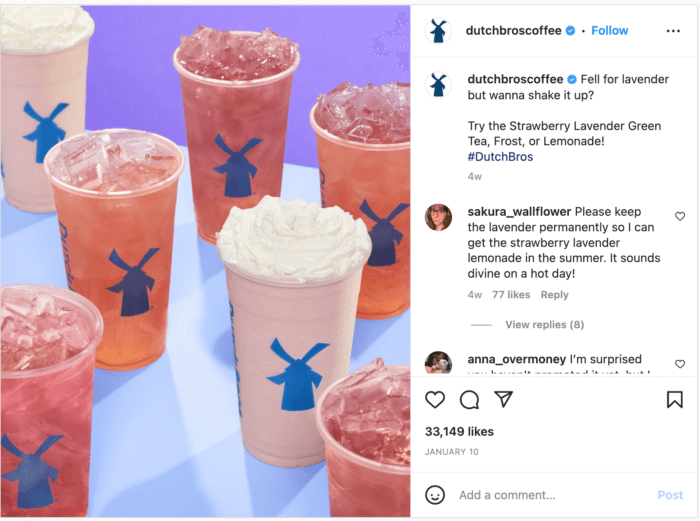 It's not surprising to see a high engagement rate on this eye-catching product shot of lavender flavored drinks from dutchbroscoffee.