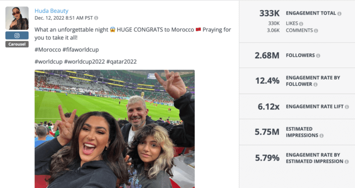 A photo of Huda Beauty founder Huda Kattan and her family at the World Cup rose to the top of beauty social media this year