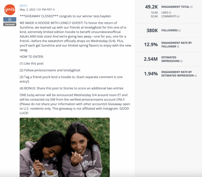 A Rival IQ analysis of an Instagram post from Jeni's Ice Cream that featured a giveaway.