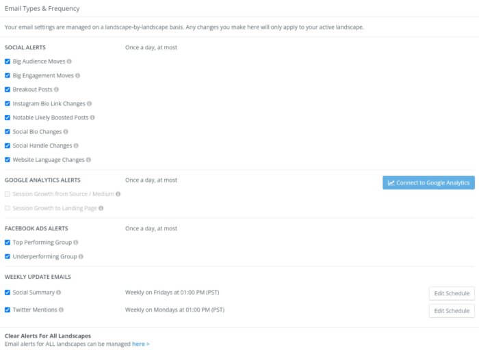 Pick from Social Alerts, Facebook Ads Alerts, and Google Analytics Alerts on this page. You can also customize the email schedule for the alerts you have set up and also clear all the alerts for your landscape. 