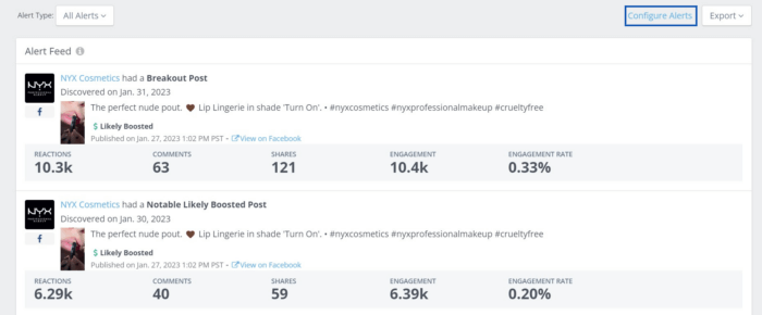Social media alerts set up for NYX boosted posts in Rival IQ
