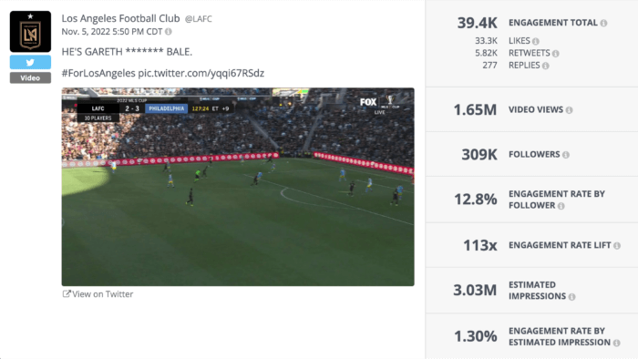 Rival IQ provides all the post details for this high-performing tweet, including a link to the video on Twitter and tons of engagement metrics.