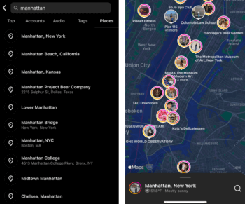 A search for Manhattan on Instagram returns a result showing all the posts tagged with the location