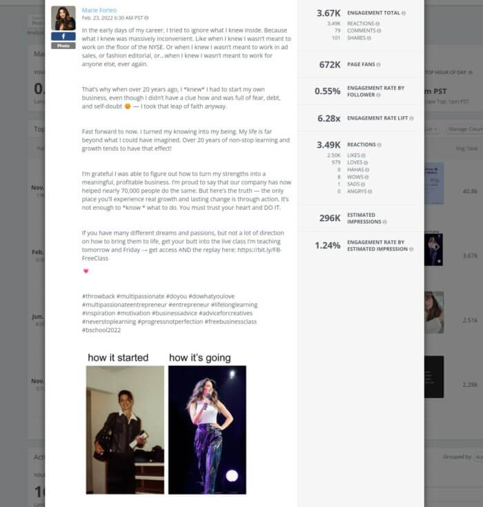 Influencer Marie Forleo's Facebook post shares her story accompanied by two photos- the how it started photo has a picture of Marie in a corporate role, while the how it's going photo shows off the star on stage performing to a crowd.