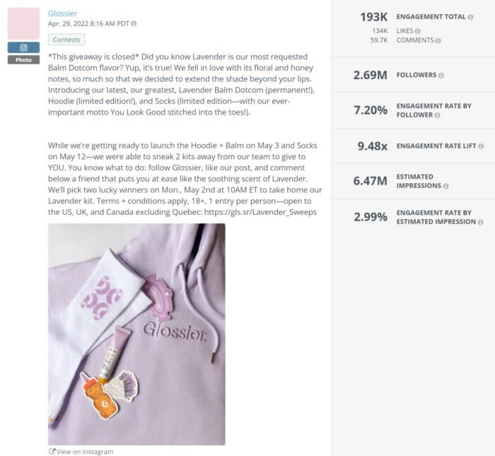 This giveaway post from Glossier, another top beauty brand on Instagram, announces the launch of their lavender-flavored lip balm, along with a limited edition of lavender hoodies and socks. THe photo gives followers a sneak peek at the goodies, making them even more desirable.