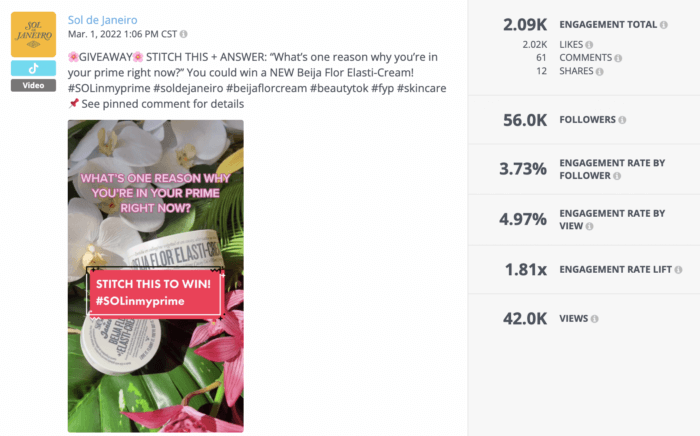 A Rival IQ analysis of a TikTok video from Sol de Janeiro, a top beauty brand on TikTok. The video is a Stitch giveaway that says "Stitch this to win!"