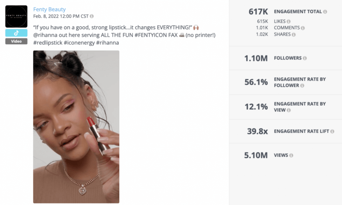 A Rival IQ analysis breaks down one of Fenty Beauty's most engaging TikTok video which features founder Rihanna applying lipstick.