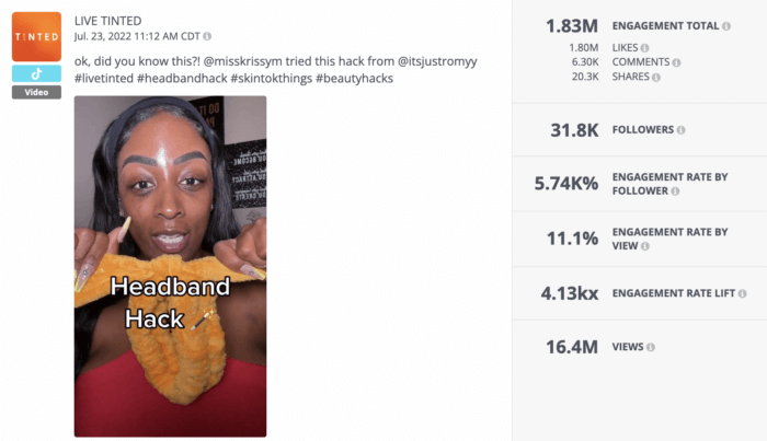 A Rival IQ analysis of a highly-engaging video from LIVE TINTED, a top beauty brand on TikTok. The user generated content features an influencer holding the brand's headband to demonstrate a headband hack.