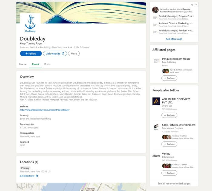 Doubleday's LinkedIn showcase page is curated with an in-depth overview and company information.