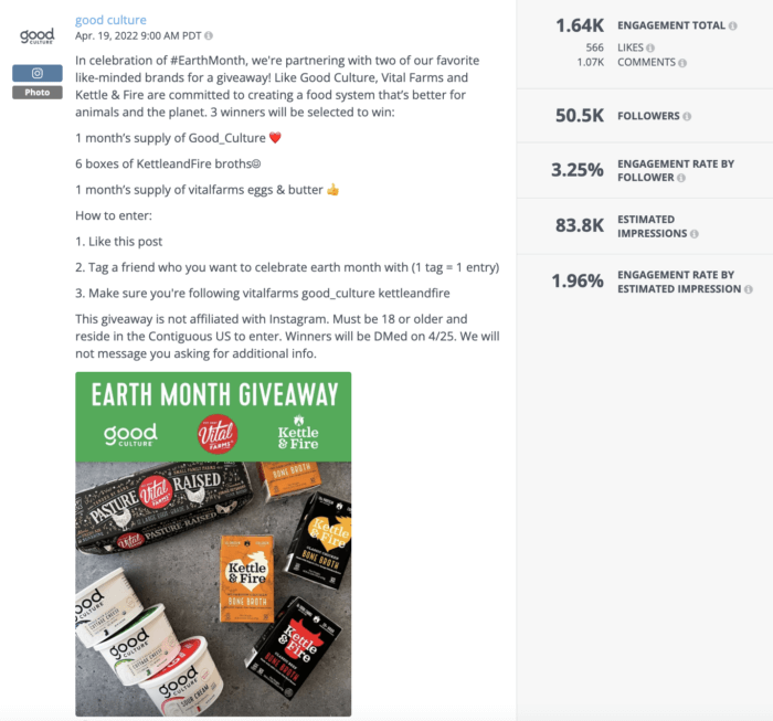 A Rival IQ analysis of an Instagram giveaway that boosted the Instagram engagement rate for food brand good culture.