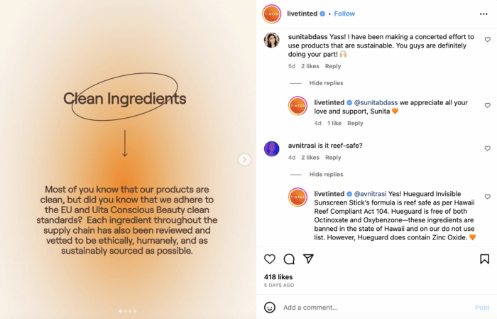 A good way to increase Instagram engagement is to respond to followers in the comment section like Live Tinted does in this Instagram post.