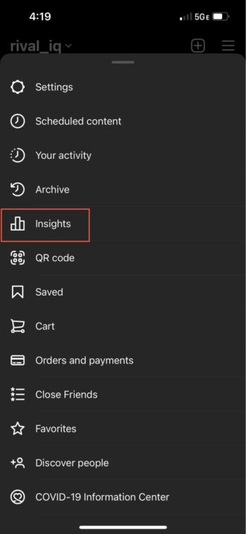 The Insights option is highlighted here within the native Instagram app