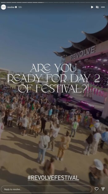 Revolve's Instagram Story promoting Coachella, uses the hashtag #revolvefestival against a background image of the festival