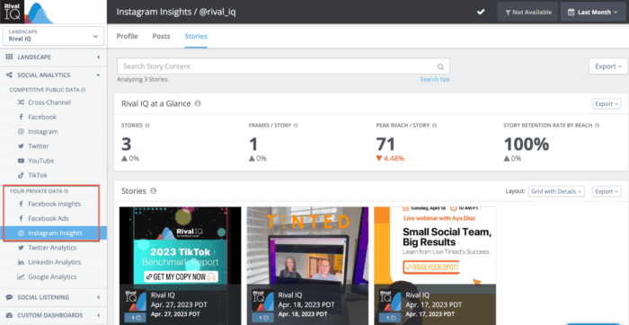 Rival IQ provides tons of metrics including frames/post, peak reach/story, and more, for your Instagram Stories