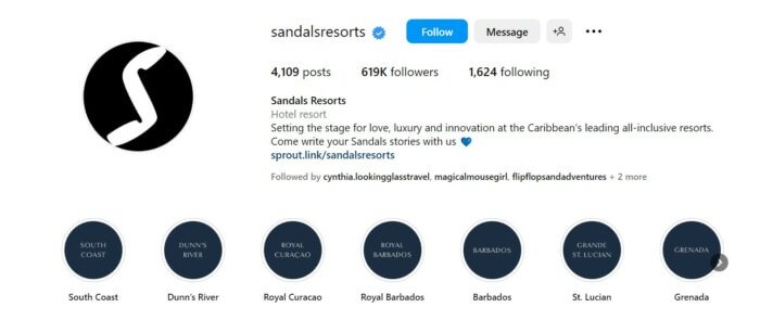 Sandals resorts Instagram profile with their Highlights categorized by resort