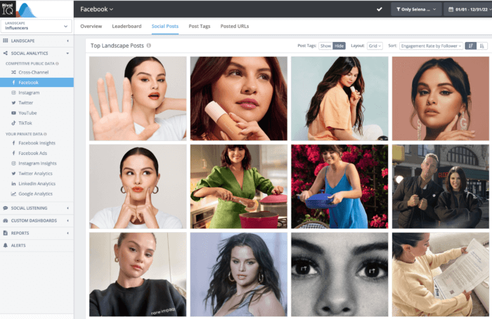 A grid of Selena Gomez'a top Facebook posts sorted by engagement rate by follower in Rival IQ mostly include gorgeous head shots